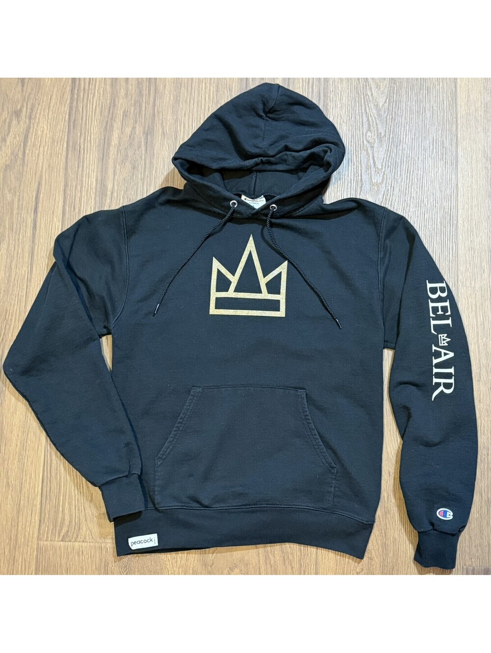 Champion x Peacock Bel-Air Hoodie Men’s Small Black Gold Crown TV Promo #15B